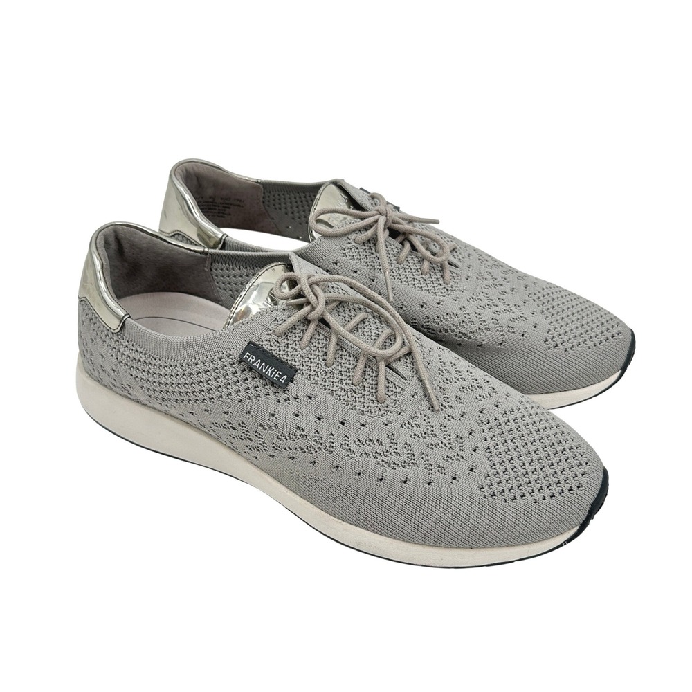 FRANKIE4 Dimity Grey Knit Lace Up Sneakers Silver Metallic Trim Womens 9.5